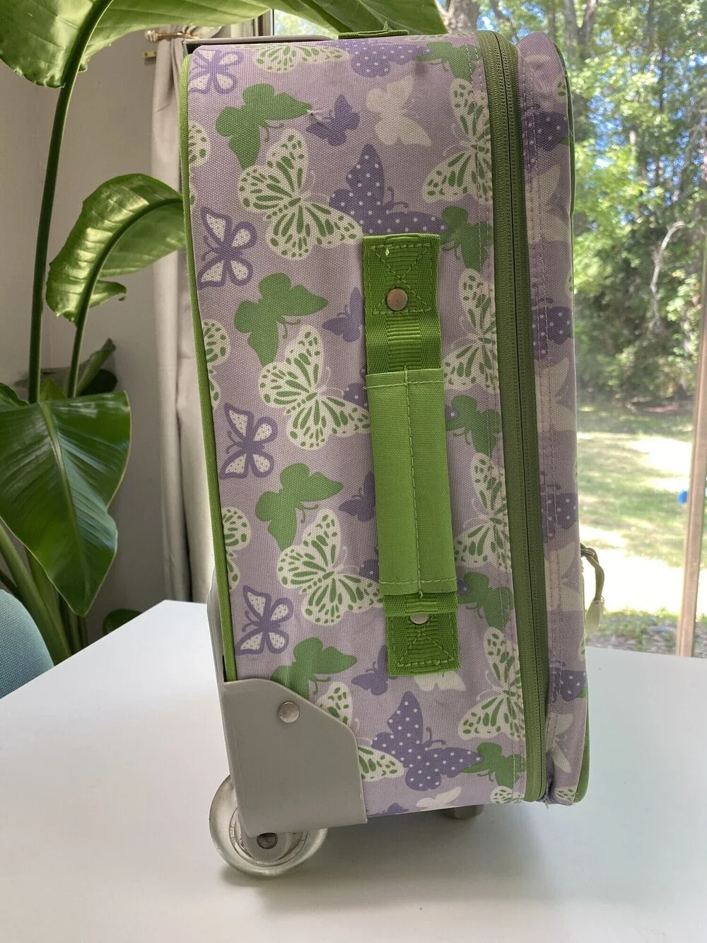Pottery Barn Kids Butterfly Rolling Suitcase Purple Green Embroidered